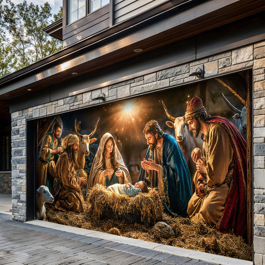 God Garage Door Banner Decoration - A Holy Night in Warm Light
