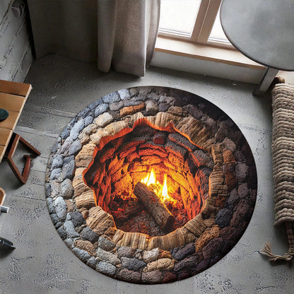 Rustic Fire Pit Round Rug Campfire Hollow 3D Illusion Flat Print