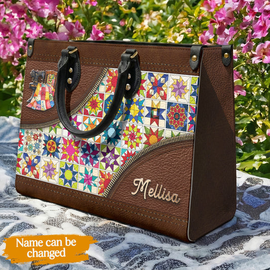 Sewing Lover Leather Handbag Personalized Colorful Quilt Blocks