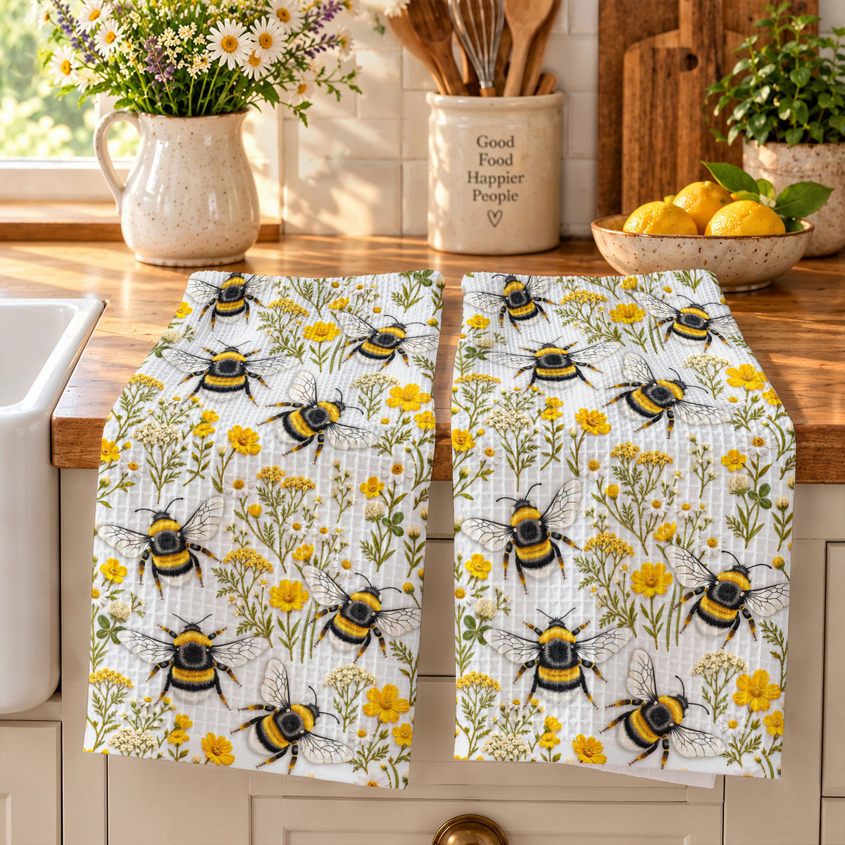 Bee Kitchen Towel Golden Bumblebees & Wildflower Meadow