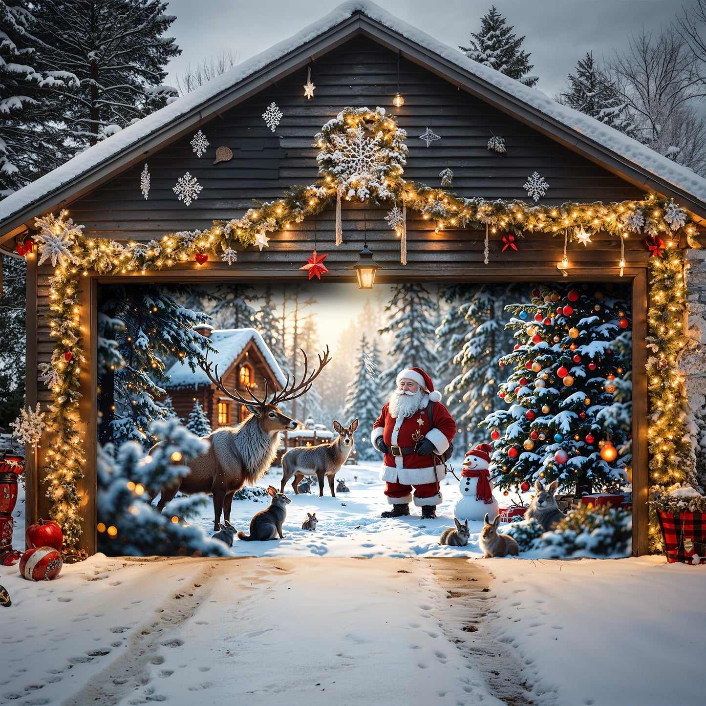 Christmas Garage Door Banner Decoration - Santa’s Woodland Wonder