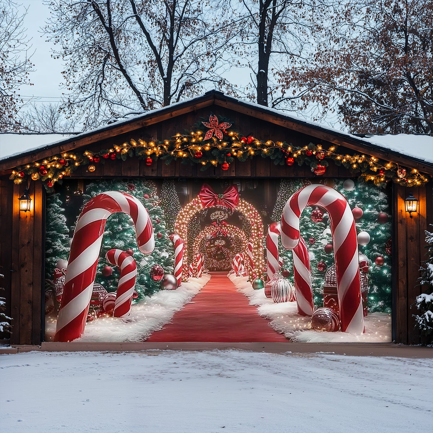 Christmas Garage Door Banner Decoration - Christmas Themed Backdrop With Giant Canes