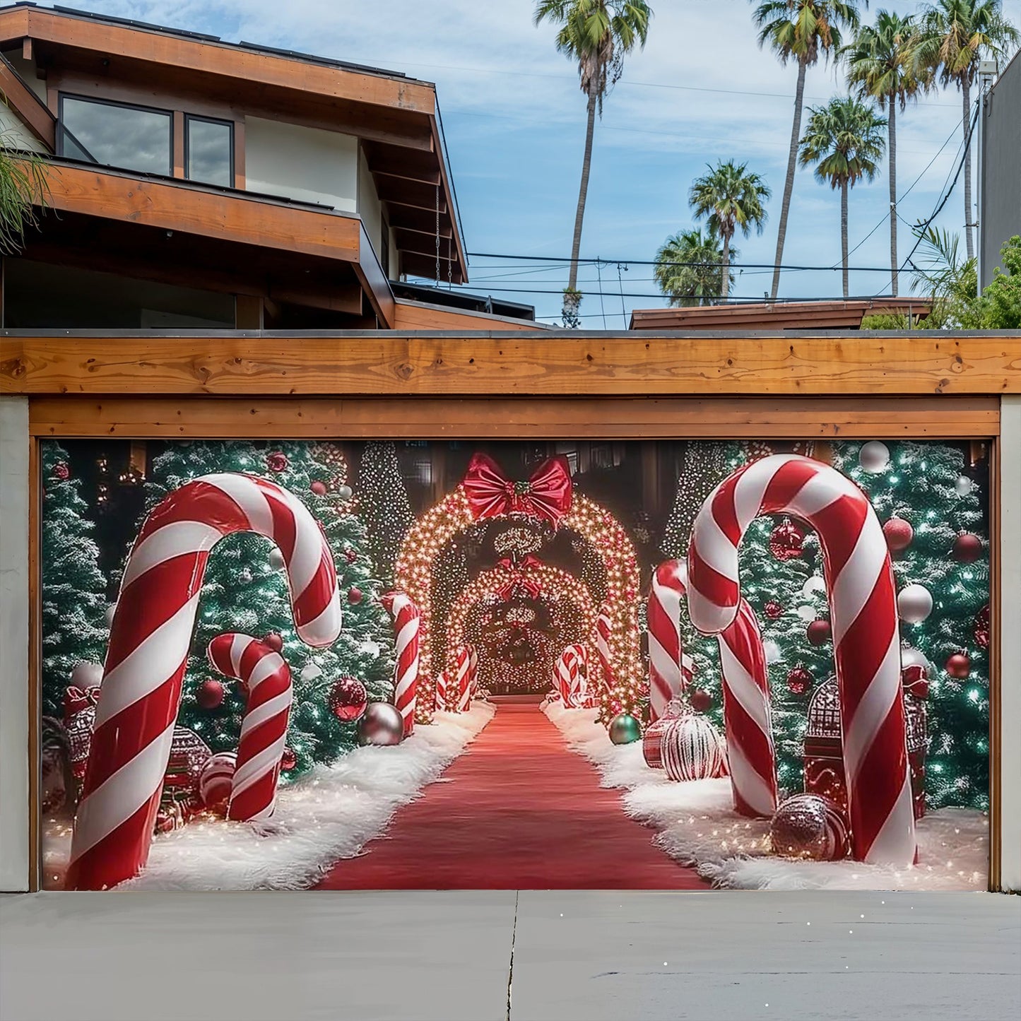 Christmas Garage Door Banner Decoration - Christmas Themed Backdrop With Giant Canes