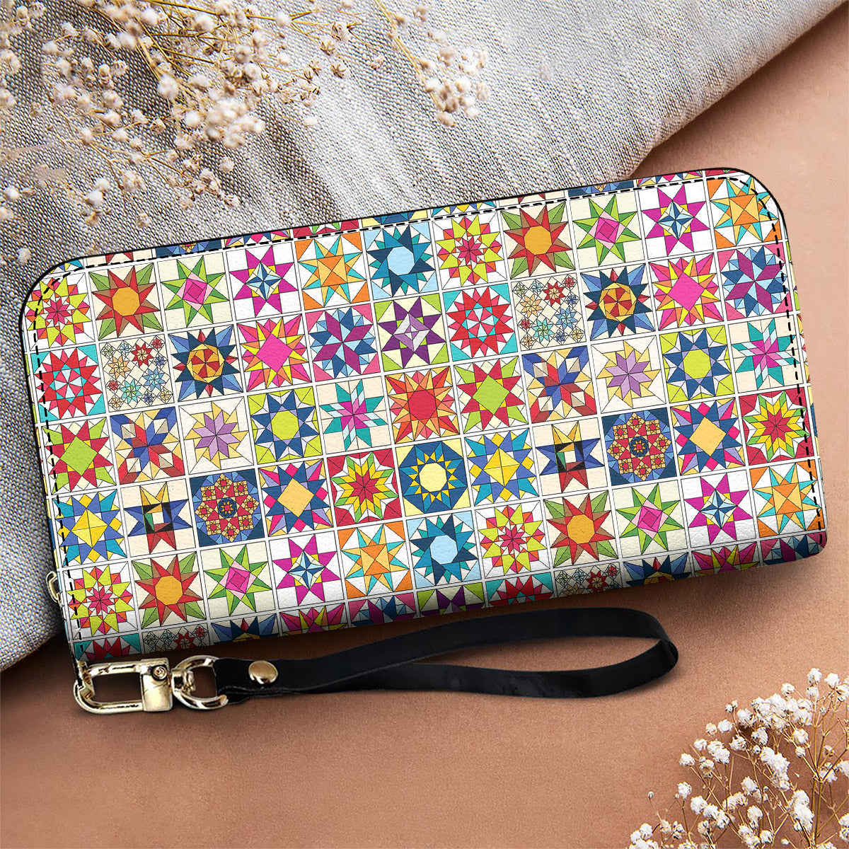 Sewing Lover Leather Wallet Colorful Quilt Blocks