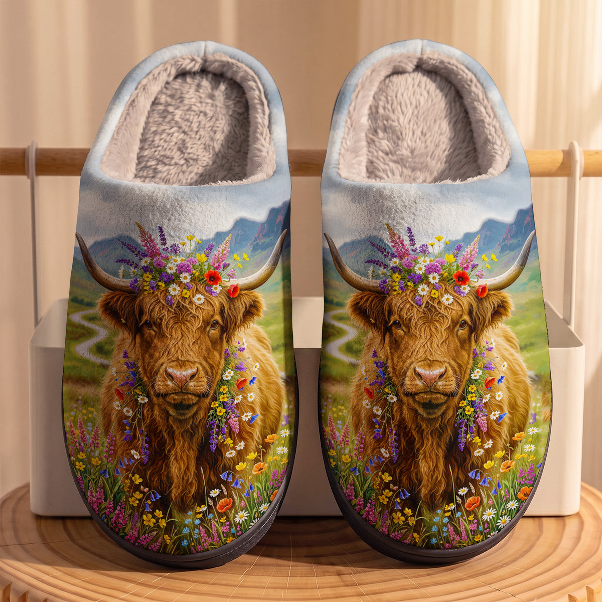 Floral Highland Cow Fleece Lined Slippers