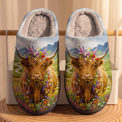 Floral Highland Cow Fleece Lined Slippers