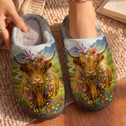 Floral Highland Cow Fleece Lined Slippers