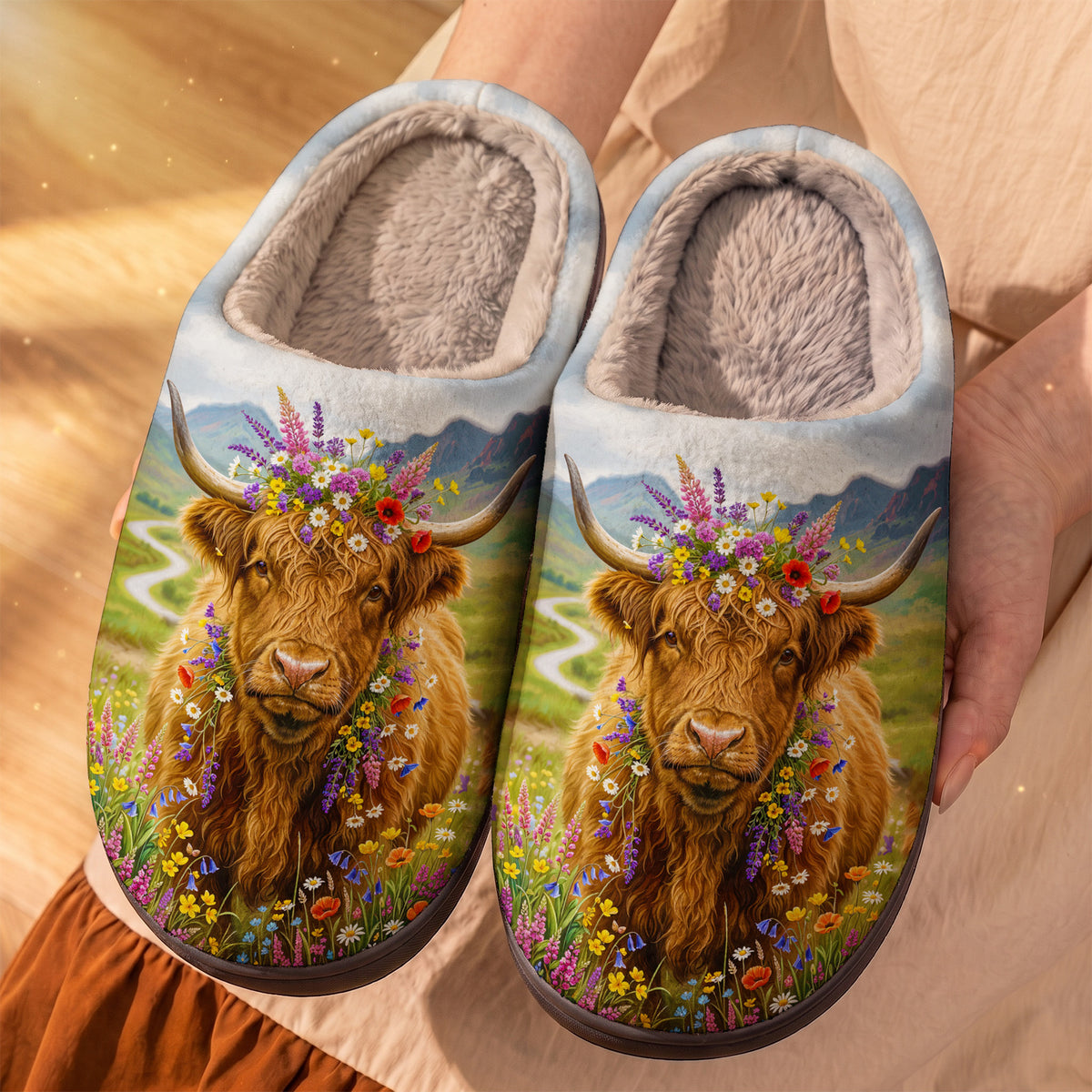 Floral Highland Cow Fleece Lined Slippers