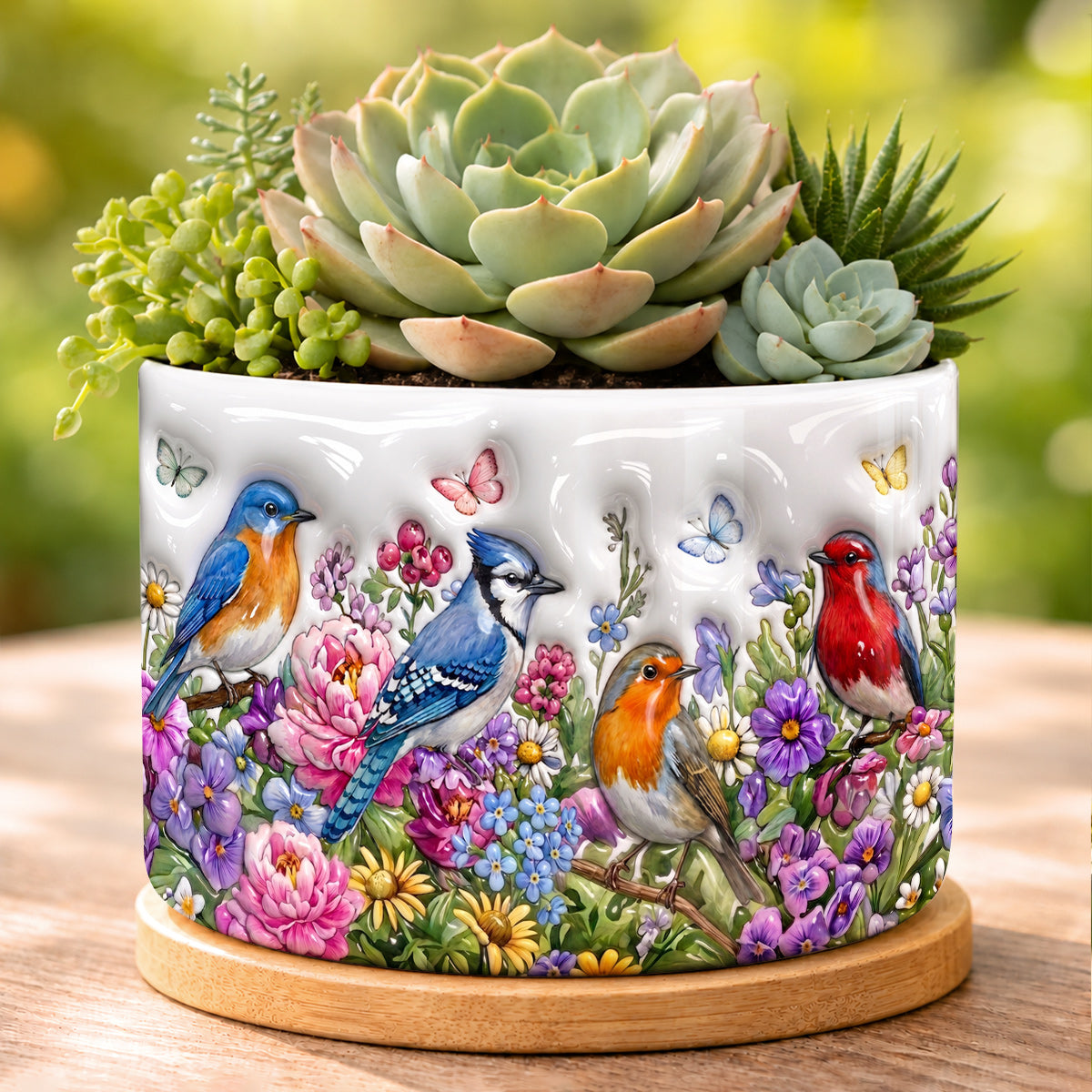 Songbird Garden Ceramic Plant Pot with Bamboo Tray Wings Above The Summer Garden