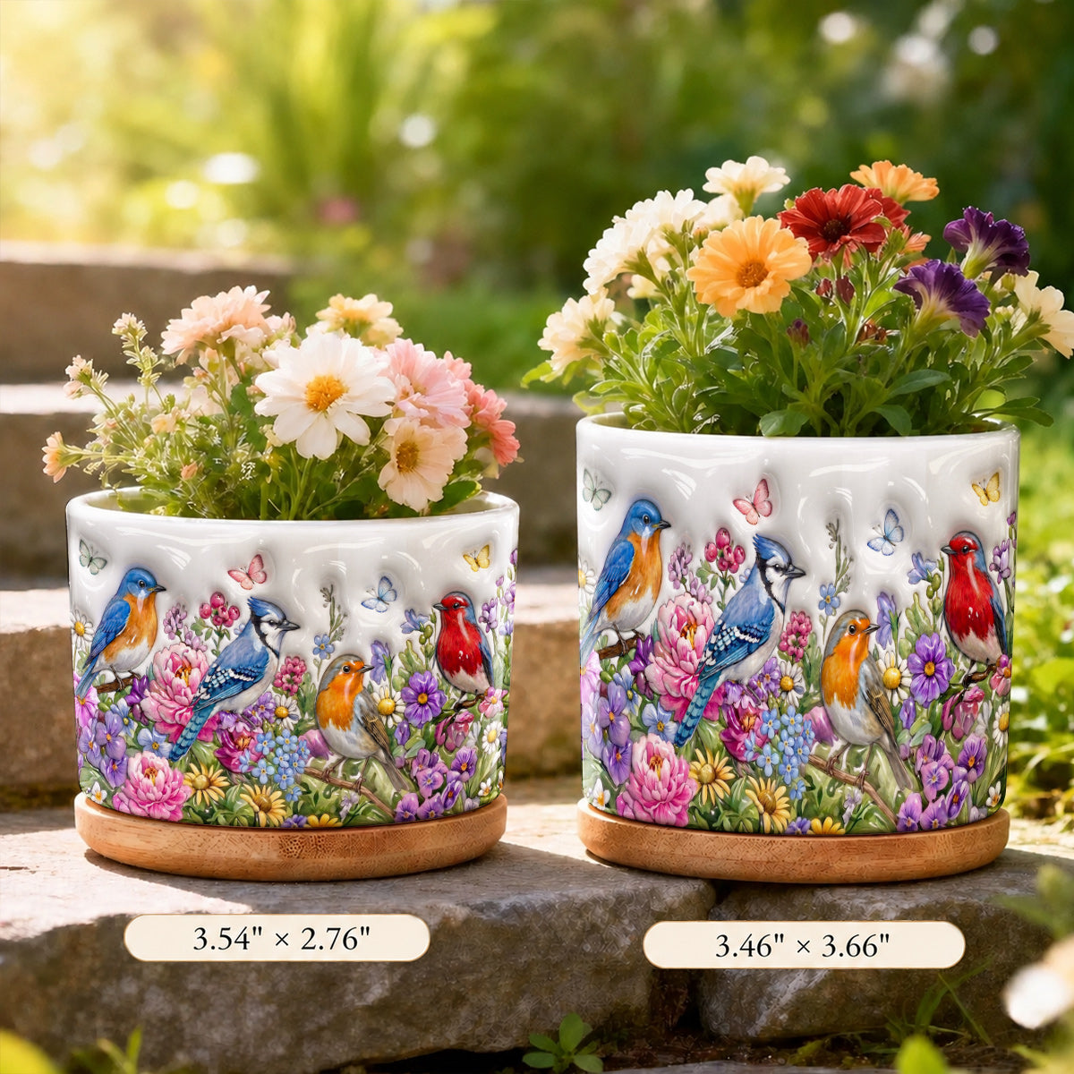 Songbird Garden Ceramic Plant Pot with Bamboo Tray Wings Above The Summer Garden