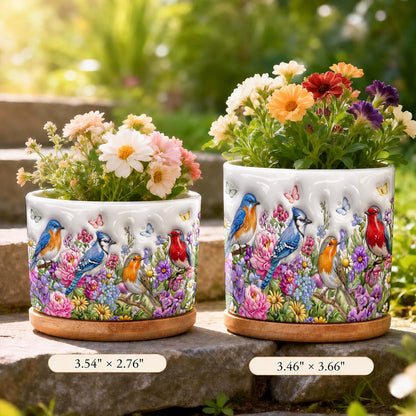 Songbird Garden Ceramic Plant Pot with Bamboo Tray Wings Above The Summer Garden