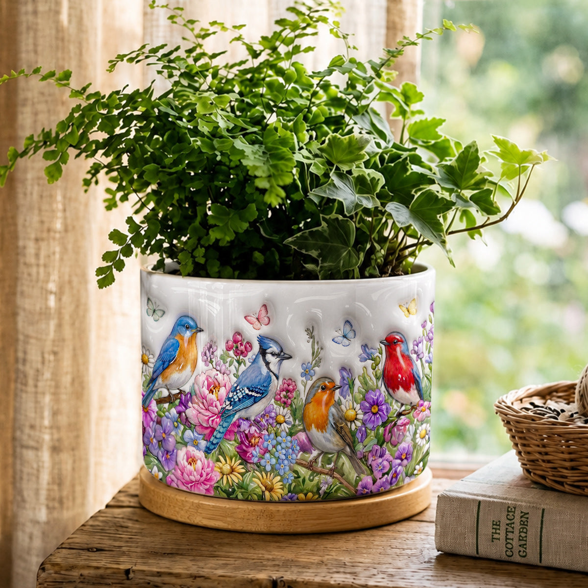 Songbird Garden Ceramic Plant Pot with Bamboo Tray Wings Above The Summer Garden