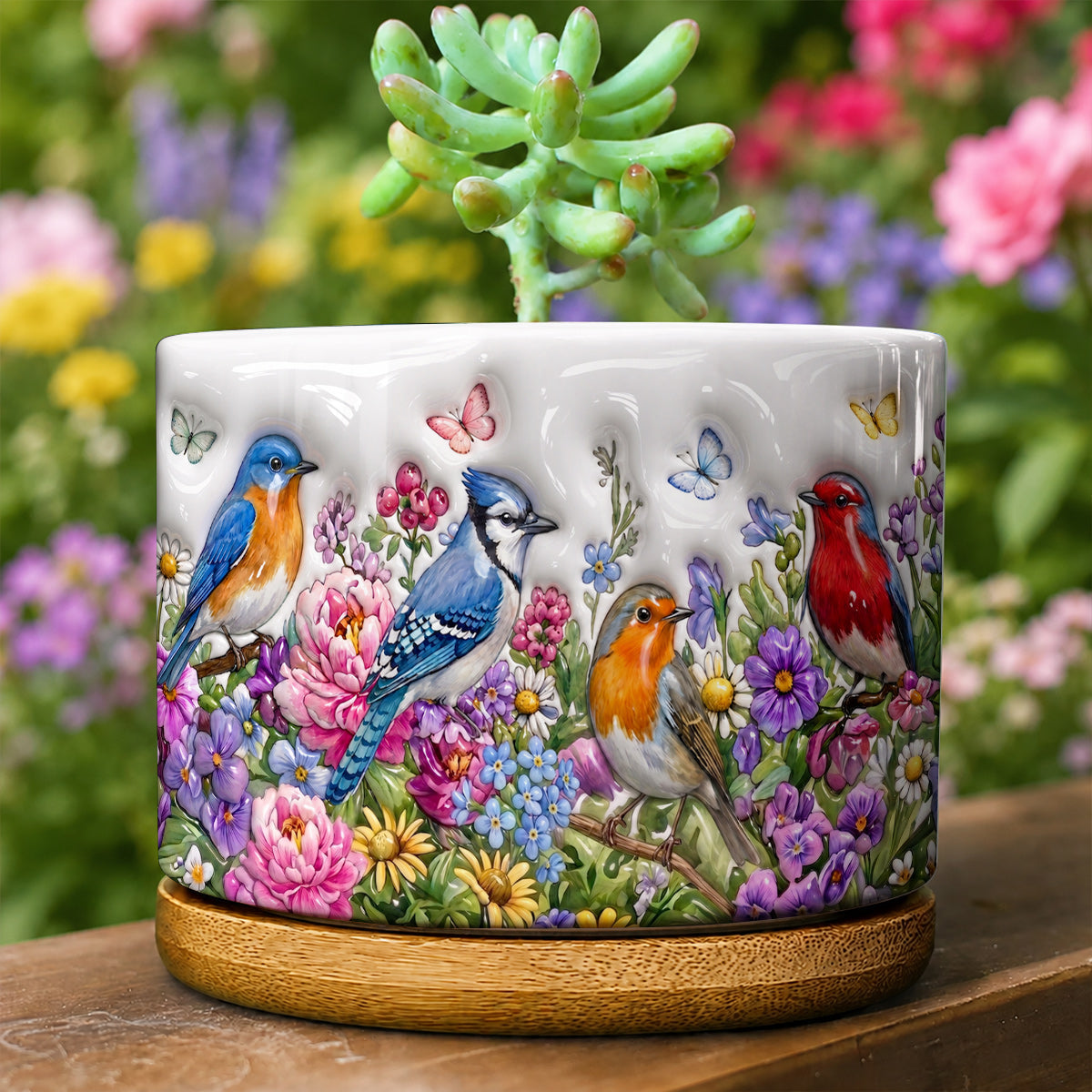 Songbird Garden Ceramic Plant Pot with Bamboo Tray Wings Above The Summer Garden