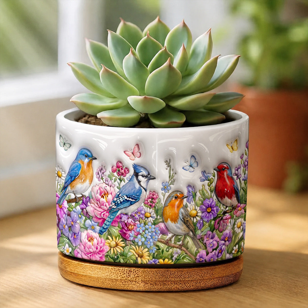 Songbird Garden Ceramic Plant Pot with Bamboo Tray Wings Above The Summer Garden