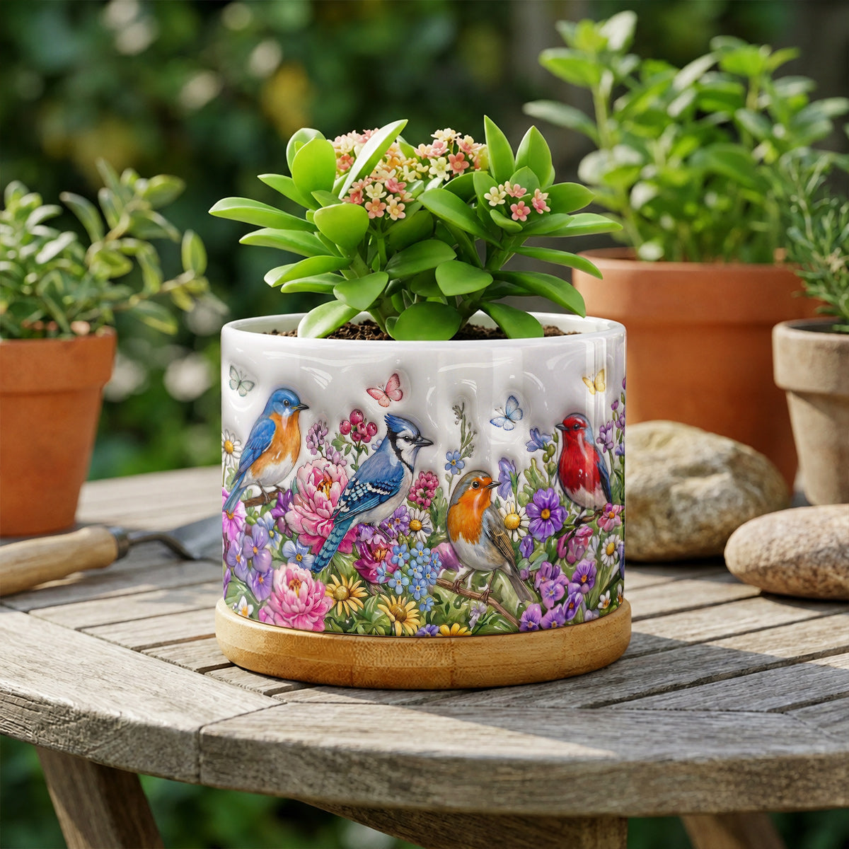 Songbird Garden Ceramic Plant Pot with Bamboo Tray Wings Above The Summer Garden