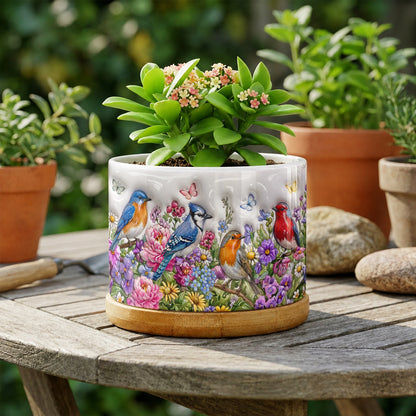 Songbird Garden Ceramic Plant Pot with Bamboo Tray Wings Above The Summer Garden