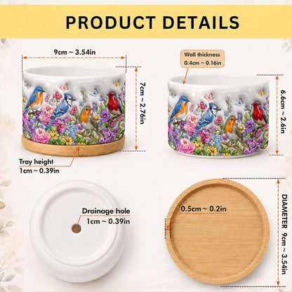 Songbird Garden Ceramic Plant Pot with Bamboo Tray Wings Above The Summer Garden