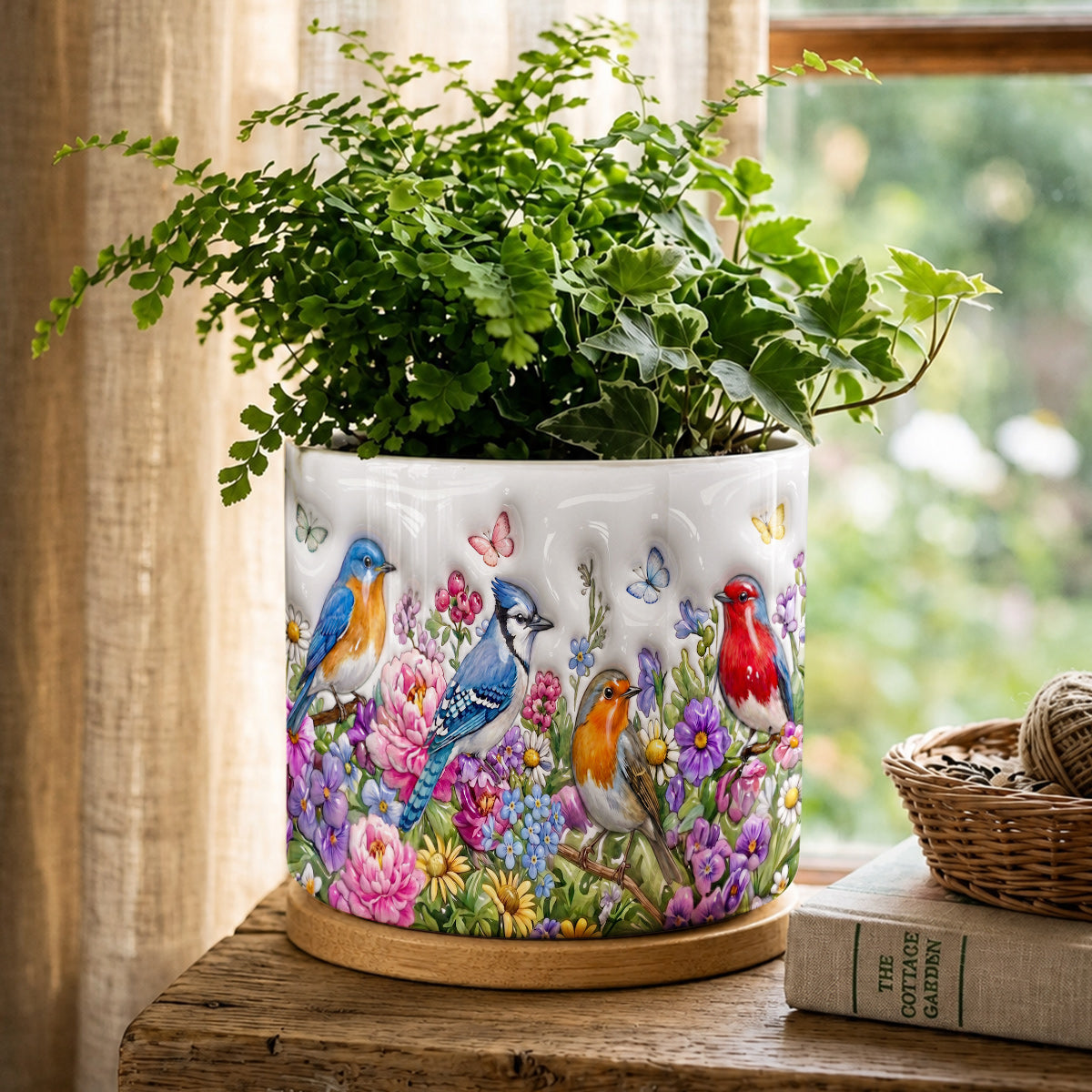 Songbird Garden Ceramic Plant Pot with Bamboo Tray Wings Above The Summer Garden