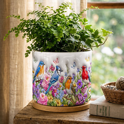 Songbird Garden Ceramic Plant Pot with Bamboo Tray Wings Above The Summer Garden