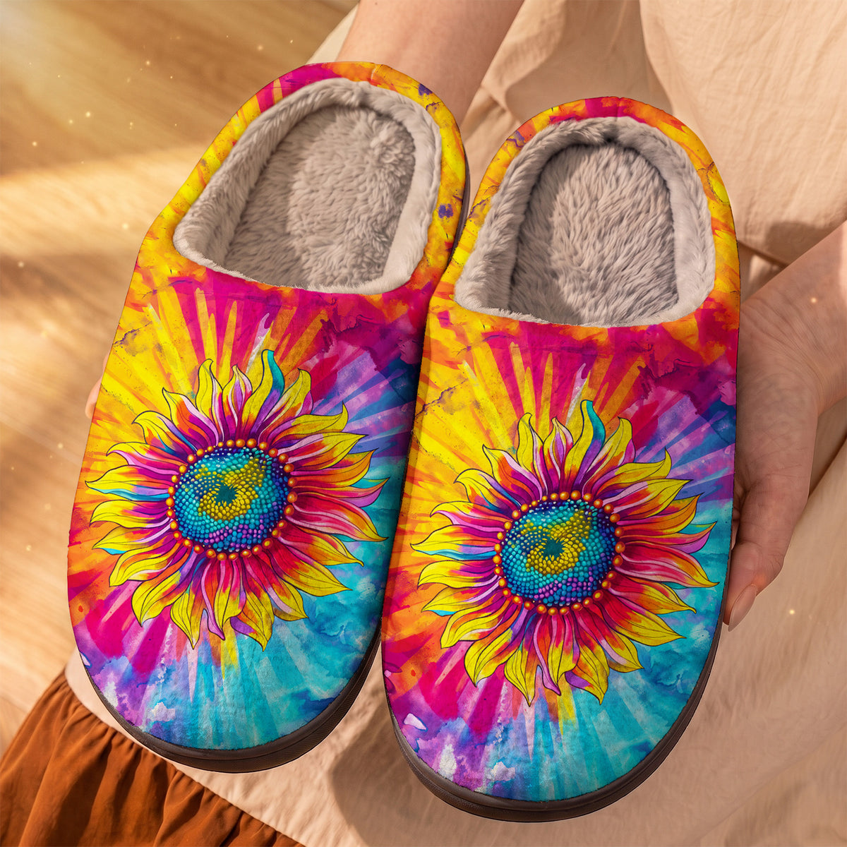 Hippie Sunflower Fleece Lined Slippers