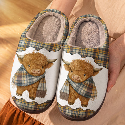 Highland Cow in Rustic Tartan Fleece Lined Slippers
