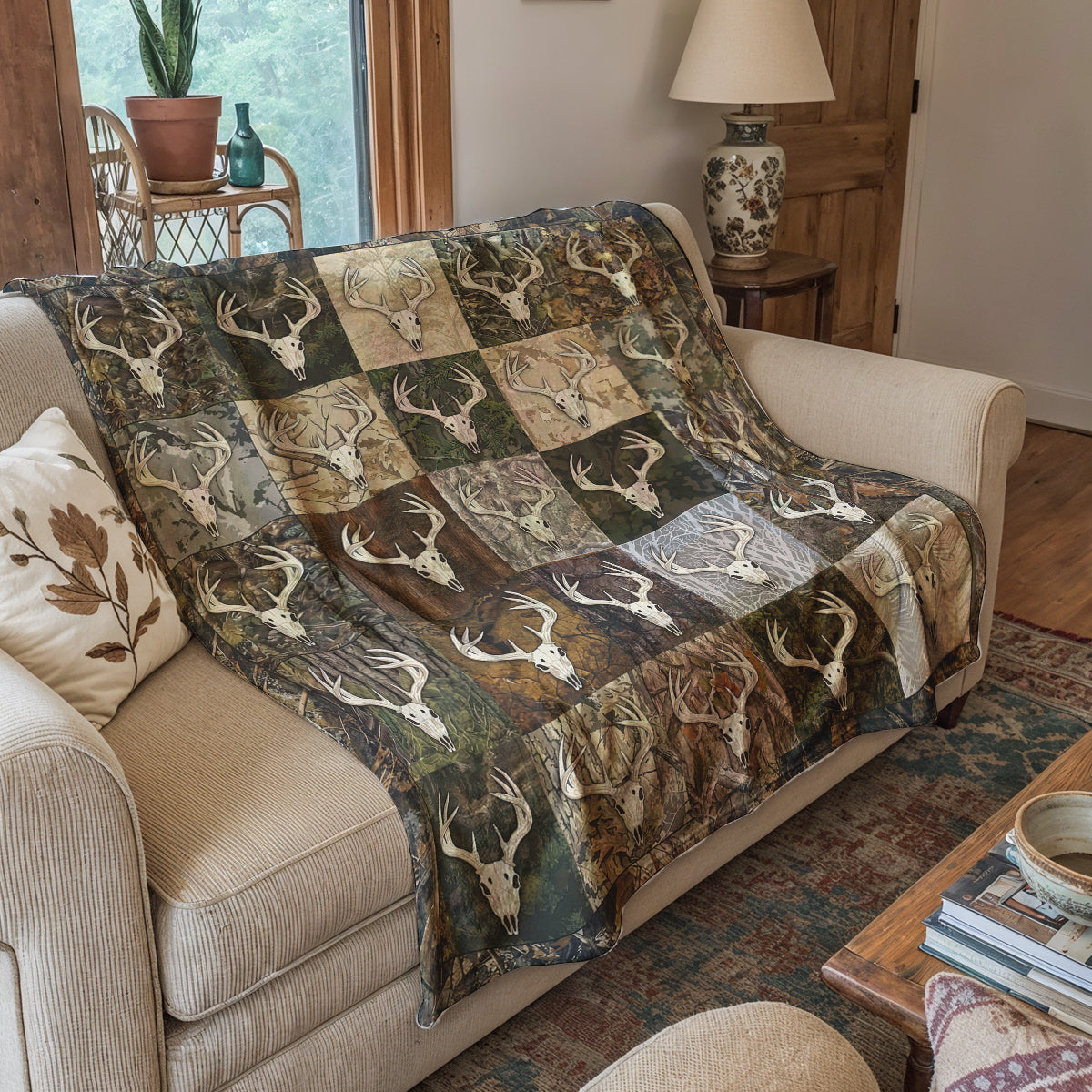 Deer Hunting Fleece Blanket Whitetail Patchwork Lodge