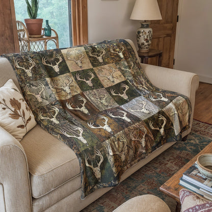 Deer Hunting Fleece Blanket Whitetail Patchwork Lodge