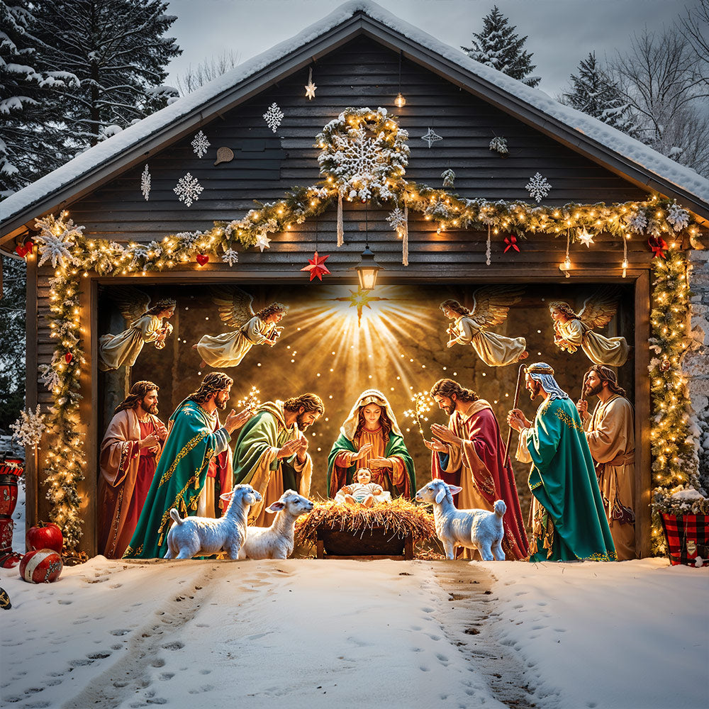 God Garage Door Banner Decoration - Divine Light at the Manger The Nativity Scene