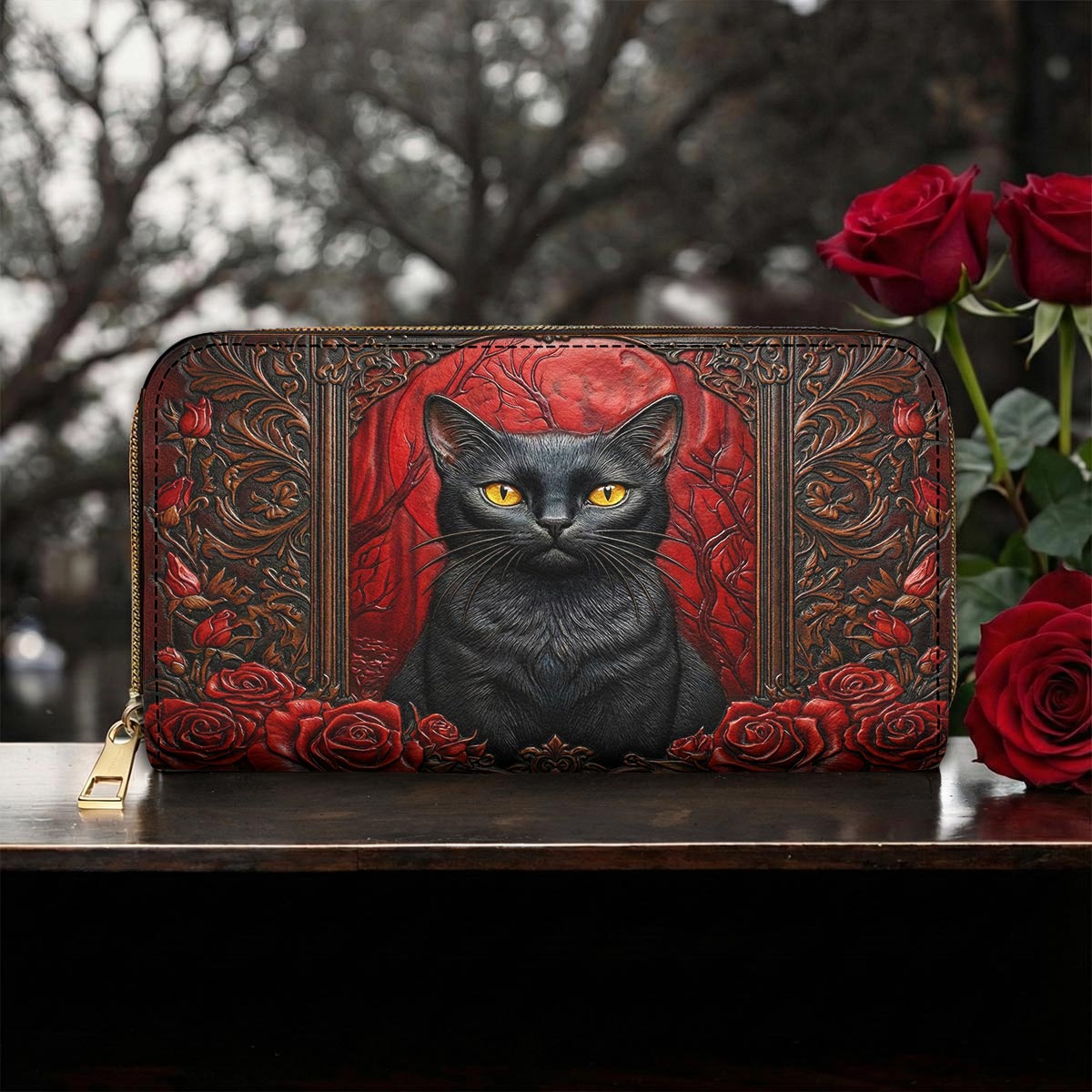 Black Cat Gothic Leather Wallet Blood Moon Cat