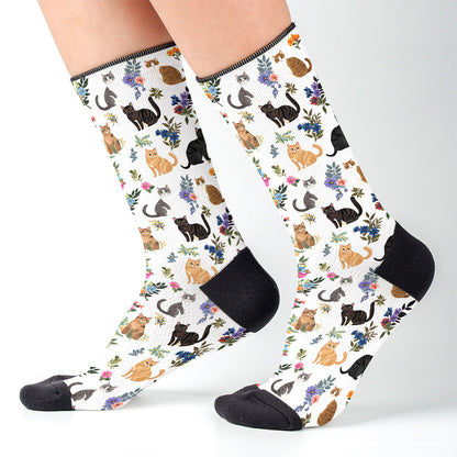 Cat Crew Socks Cute Floral Cats