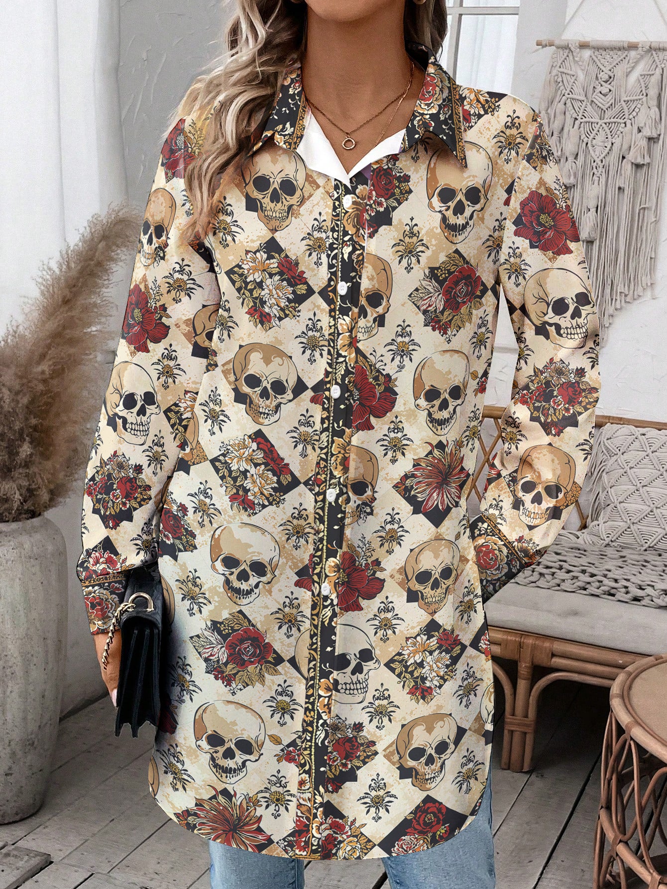 Skull Oversized Long Shirt Elegant Skull Roses