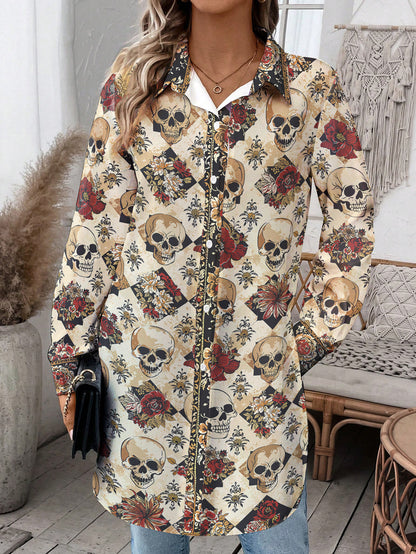 Skull Oversized Long Shirt Elegant Skull Roses