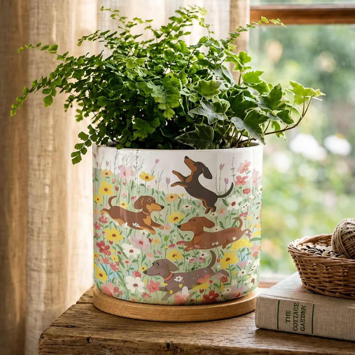 Dachshund Ceramic Plant Pot Happy Dachshunds In Flower Garden