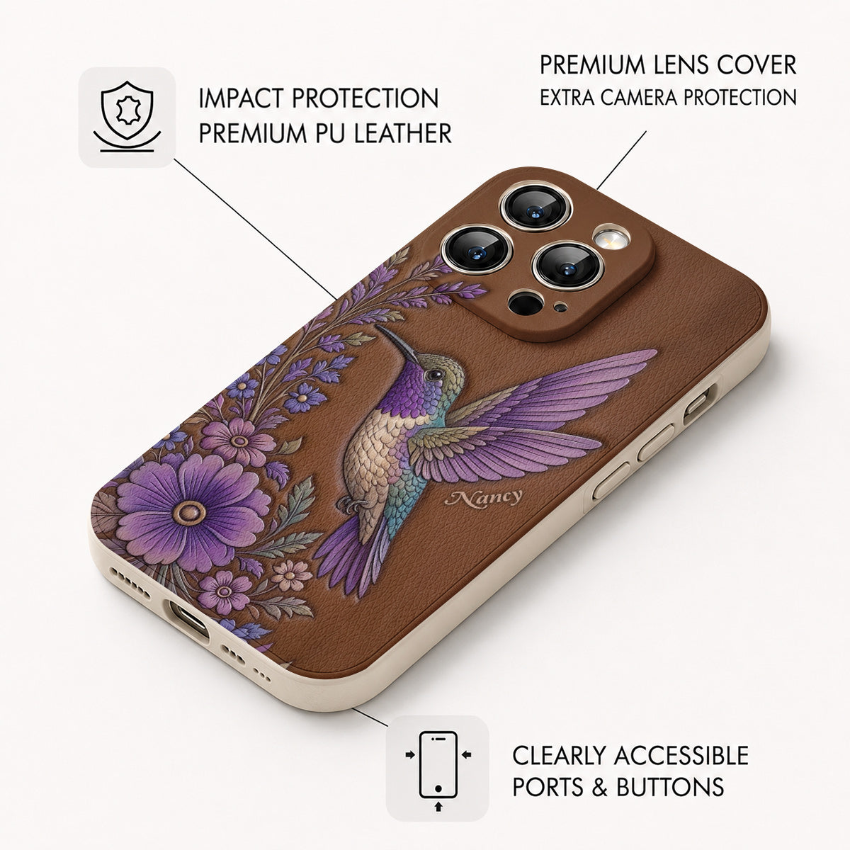 Hummingbird Leather Phone Case Floral Hummingbird - Brown