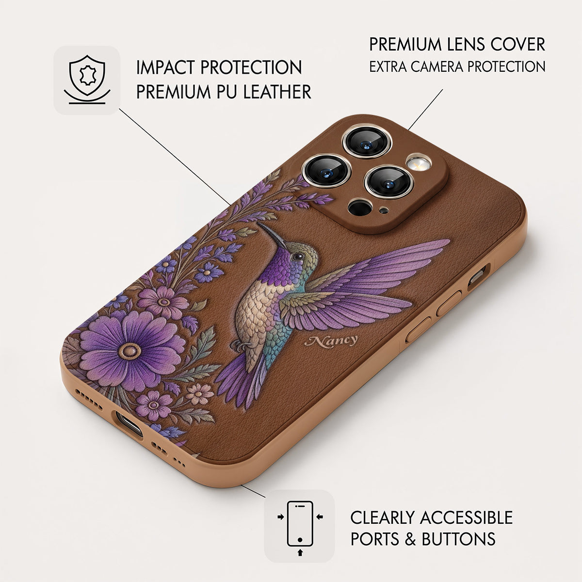 Hummingbird Leather Phone Case Floral Hummingbird - Brown