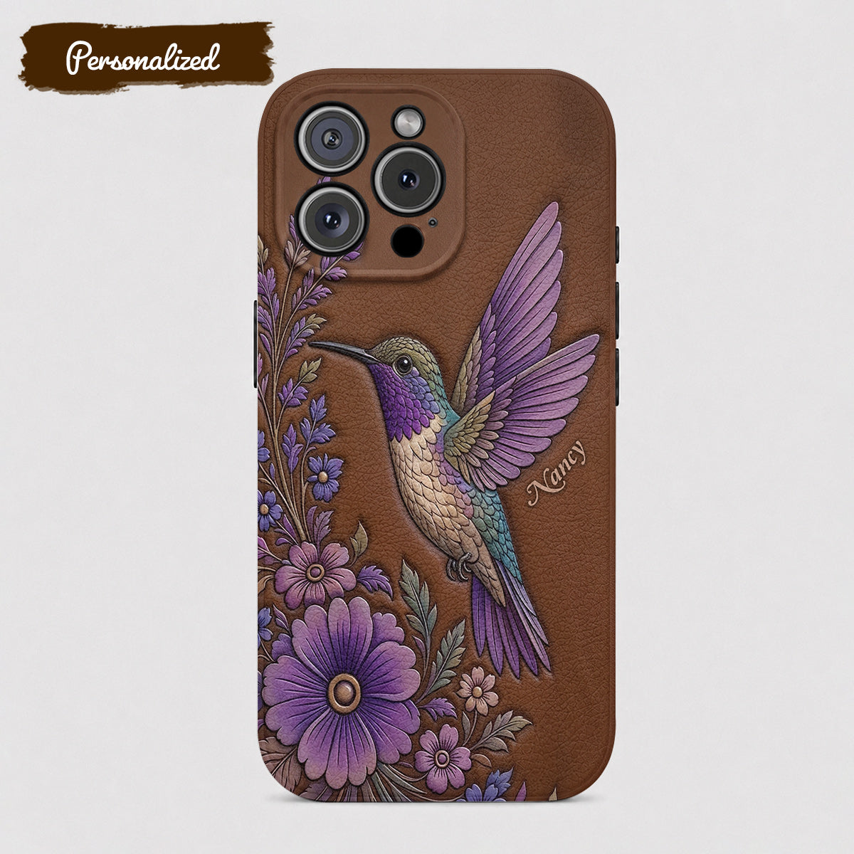 Hummingbird Leather Phone Case Floral Hummingbird - Brown