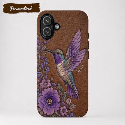 Hummingbird Leather Phone Case Floral Hummingbird - Brown