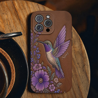 Hummingbird Leather Phone Case Floral Hummingbird - Brown