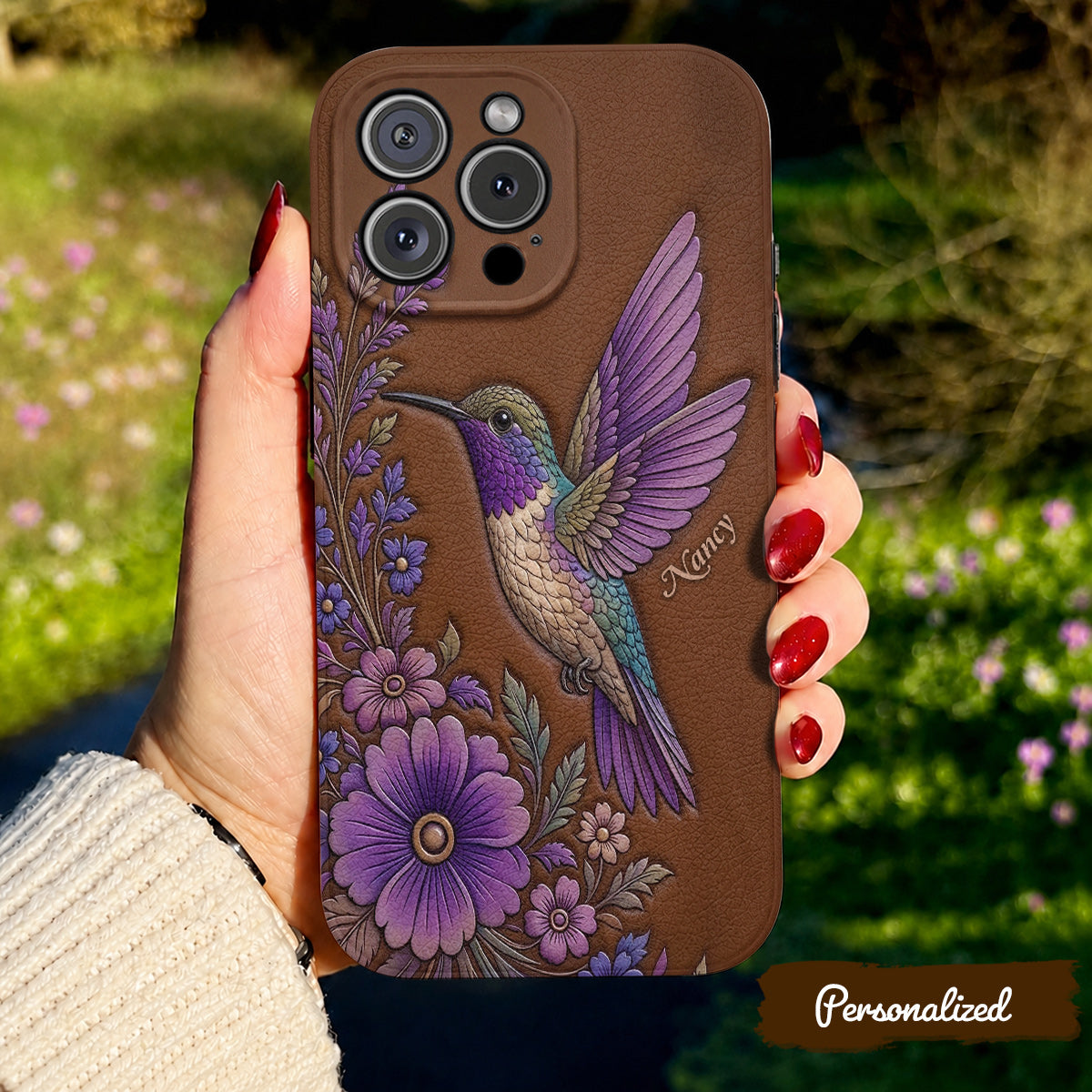 Hummingbird Leather Phone Case Floral Hummingbird - Brown