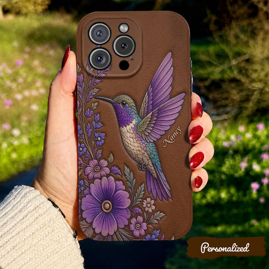 Hummingbird Leather Phone Case Floral Hummingbird - Brown