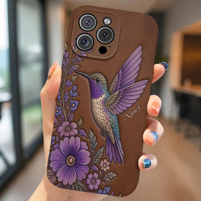 Hummingbird Leather Phone Case Floral Hummingbird - Brown
