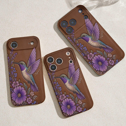 Hummingbird Leather Phone Case Floral Hummingbird - Brown
