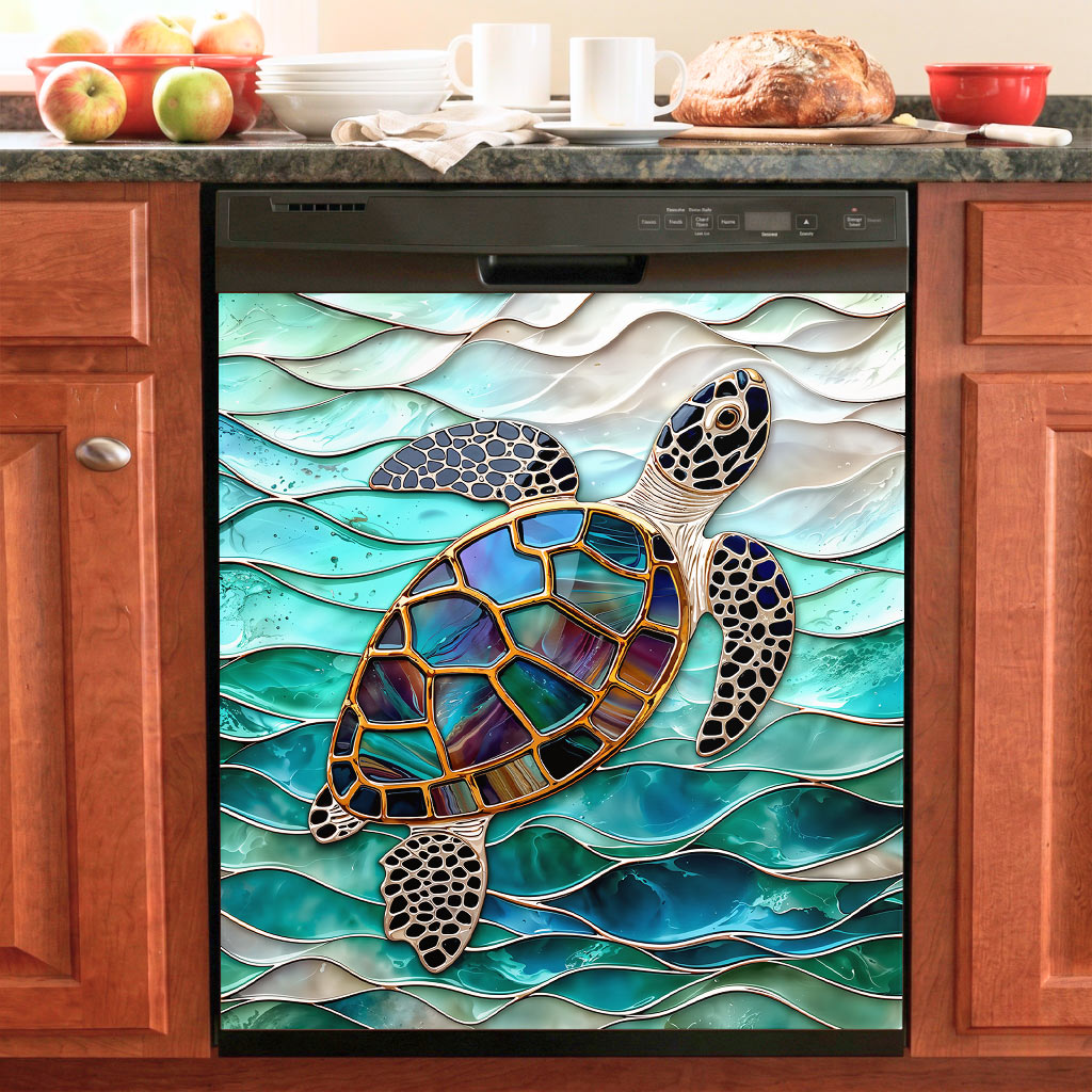 Sea Turtle Magnetic Dishwasher Cover Iridescent Sea Turtle In Turquoise Tides