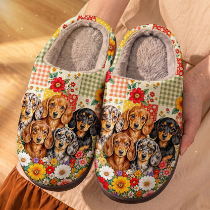 Dachshund Lovers Fleece Lined Slippers Doxie Darlings In A Patchwork Garden