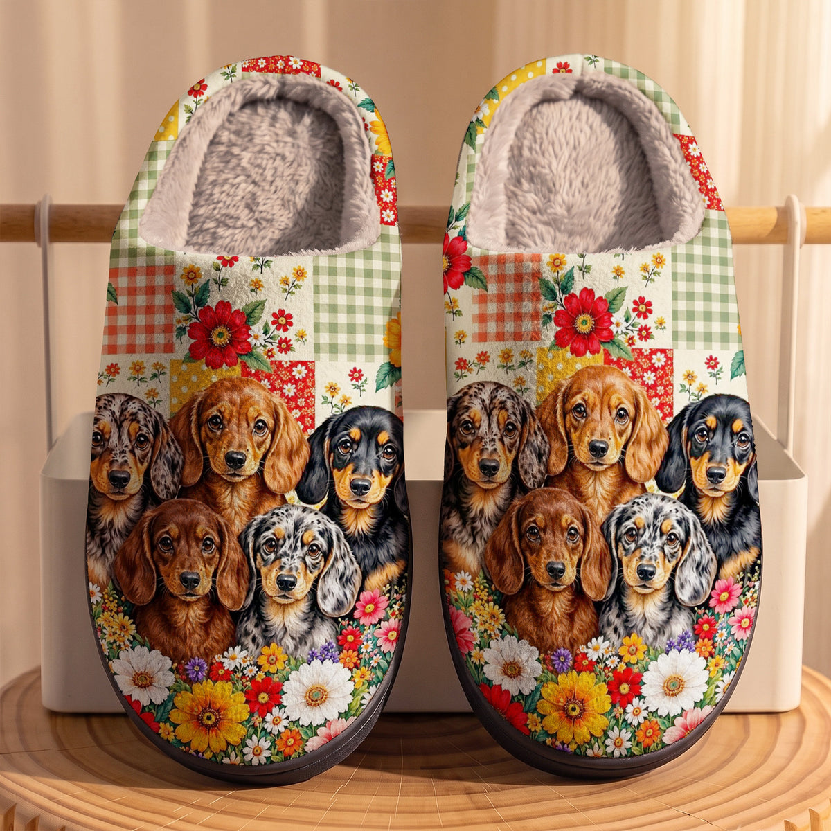 Dachshund Lovers Fleece Lined Slippers Doxie Darlings In A Patchwork Garden