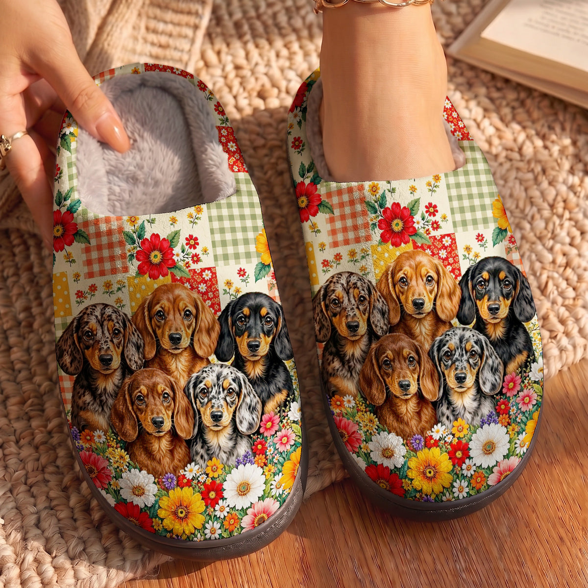 Dachshund Lovers Fleece Lined Slippers Doxie Darlings In A Patchwork Garden