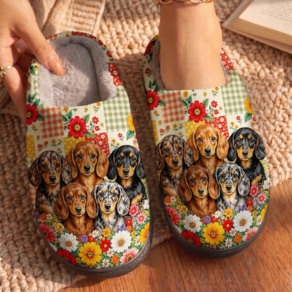 Dachshund Lovers Fleece Lined Slippers Doxie Darlings In A Patchwork Garden