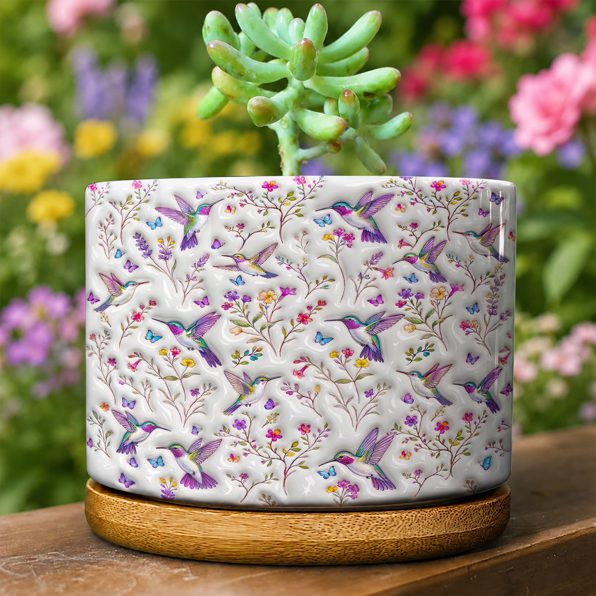 Hummingbird Lovers Ceramic Plant Pot With Bamboo Tray Celestial Hummingbird Nectar Reverie