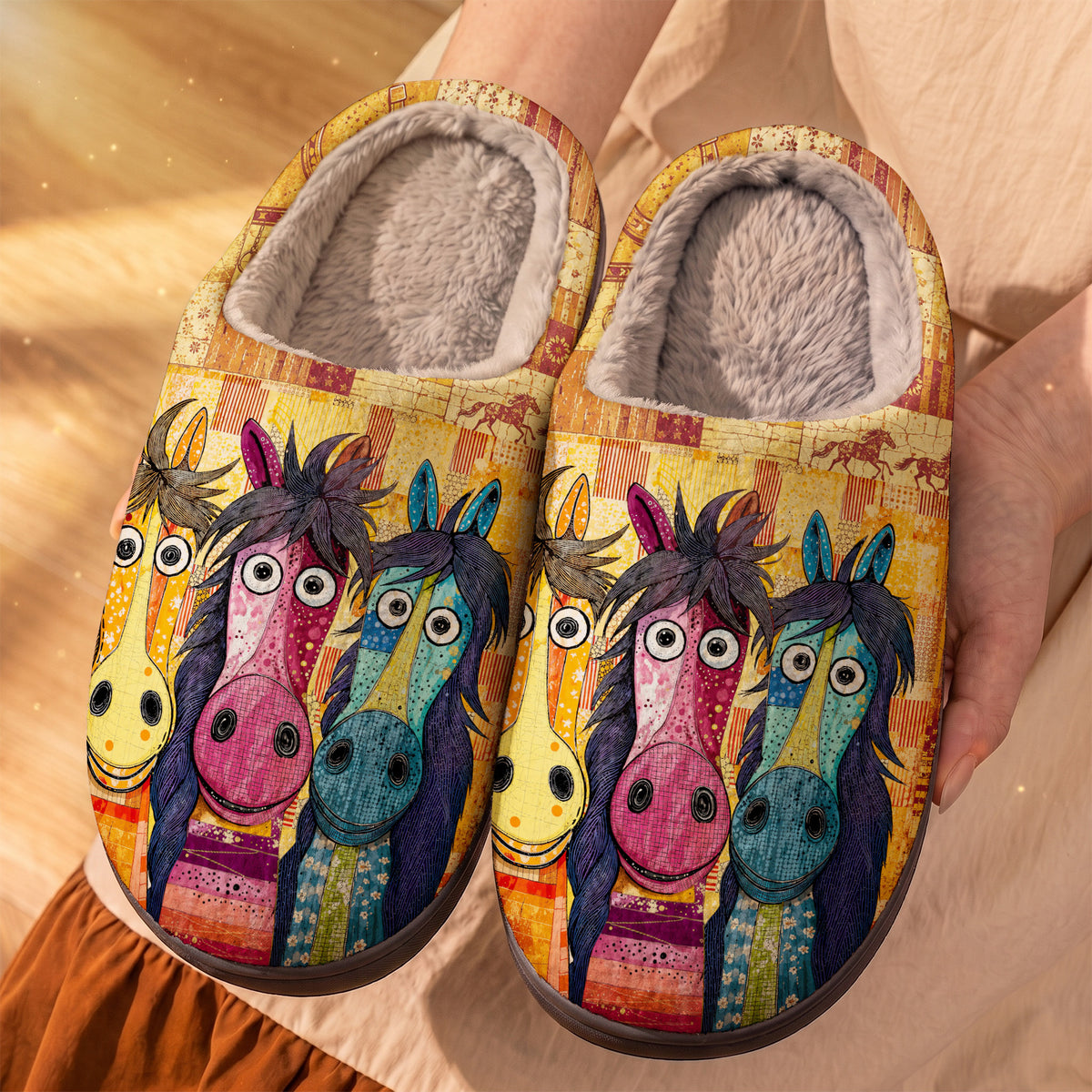 Whimsical Horses Fleece Lined Slippers