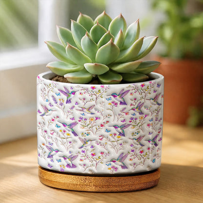 Hummingbird Lovers Ceramic Plant Pot With Bamboo Tray Celestial Hummingbird Nectar Reverie